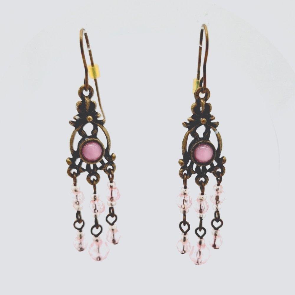 🌸 Vintage Pink Chandelier Dangle Earrings ~ Antique Gold Tone